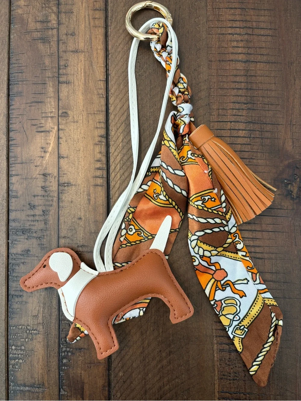 Cute Dog Bag Charm Keychain with Scarf & Tassel – Red or Brown